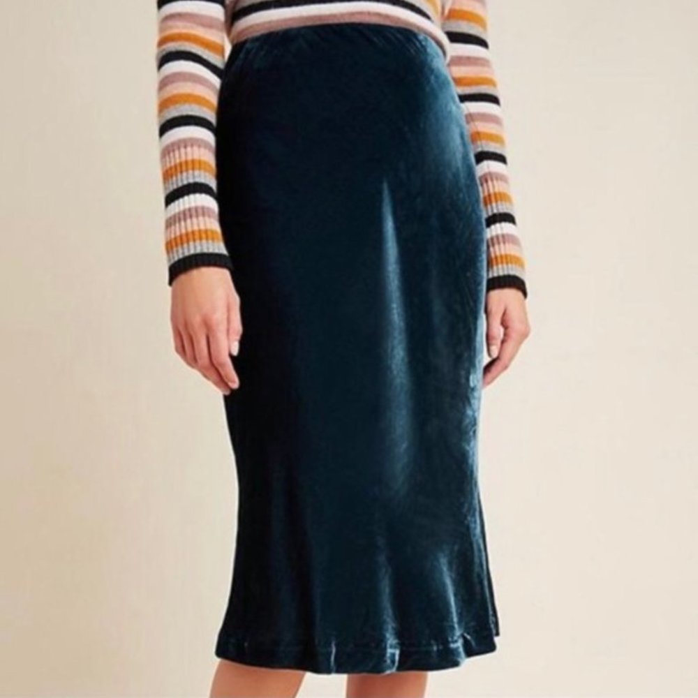 Maeve Anthropologie Green Velvet Midi Skirt